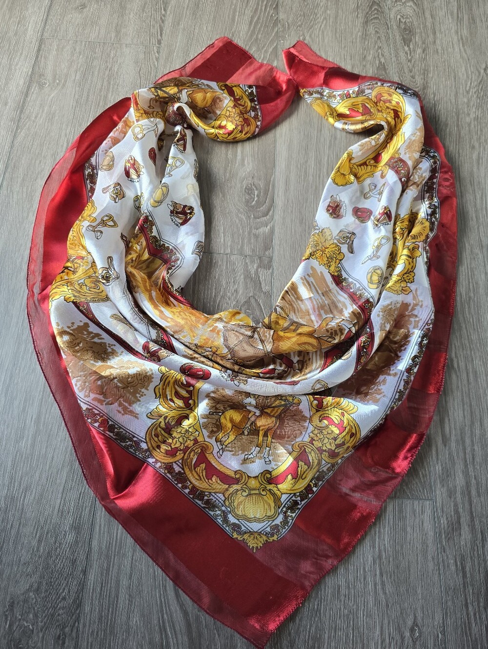 Equestrian Polo Horse Square Scarf 41" Red Gold Baroque Satin Stripe Large Wrap